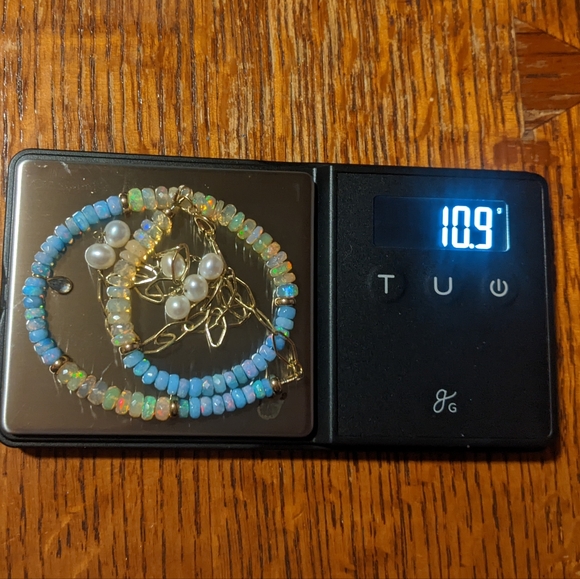 14k Yellow Gold Opals & Blue Opal Pearl Link Necklace with Moonstone Charm - Picture 4 of 16